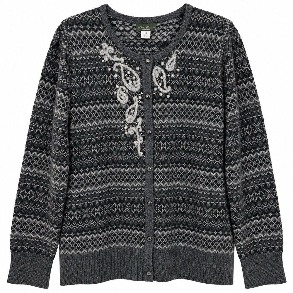 Eddie Bauer Womens XL Fair Isle Cardigan Gray Wool Cashmere Blend Beaded Sweater
